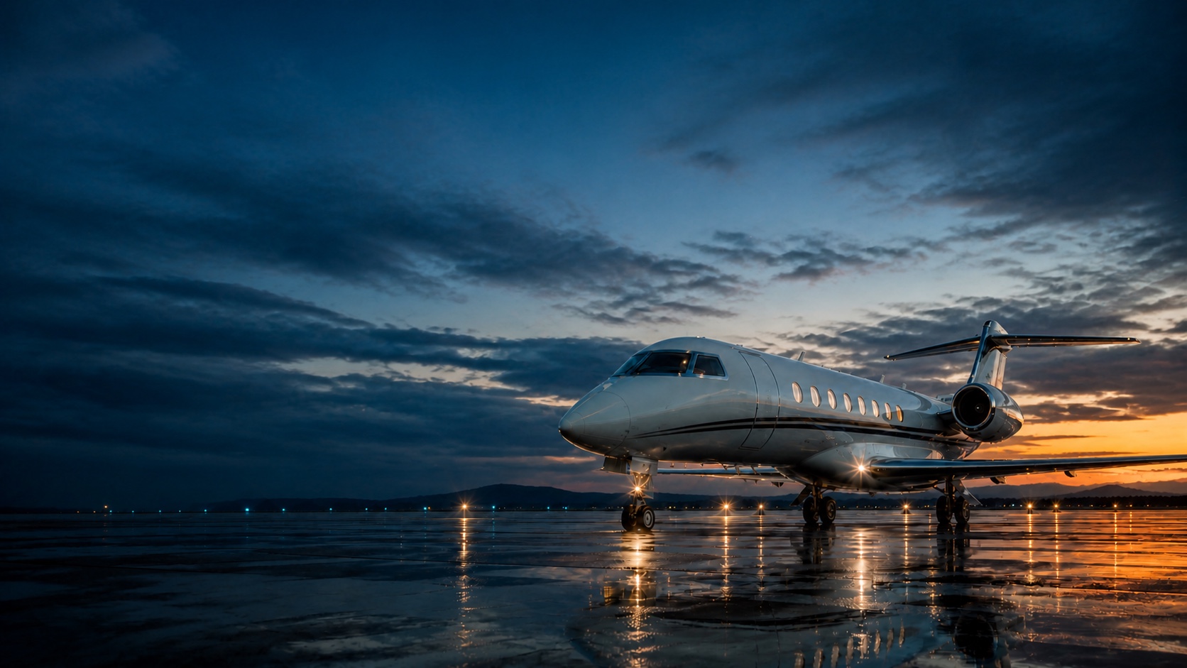 Business jet on a wet ramp at blue hour